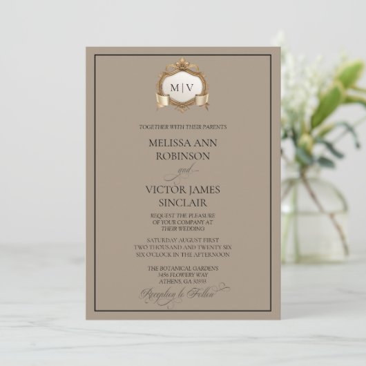 Monogram Crest Wedding Invitation Kaart (Staand voorkant)