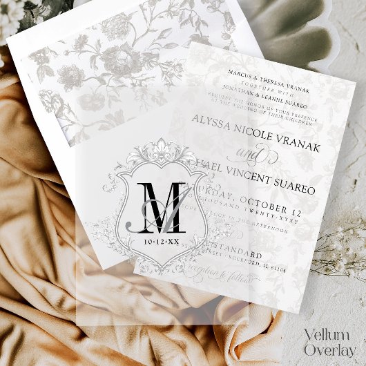  Monogram Crest Wedding Overlay Vellum Uitnodigingen