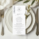 Monogram Crest Wedding Place Card Menu<br><div class="desc">Personaliseer deze stijlvolle, moderne en eenvoudige zwart-wit grijs aangepaste gastennaam bruiloft receptie diner menu, te plaatsen op elke plaats instelling als dual-functie plaats kaart / menu, met een aangepaste bloemenmonogram kam, klassieke kalligrafie script typografie. Gemakkelijk te bewerken teken sjabloon - gewoon uw bewoording gegevens toe te voegen en te bewerken,...</div>