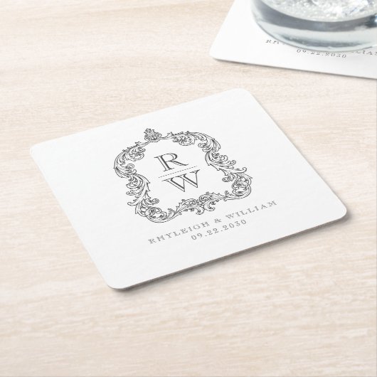 Monogram Crest Witte Houtskool Grijs Huwelijk Kartonnen Onderzetters (Schuin)