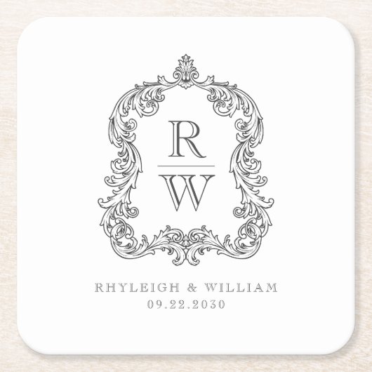 Monogram Crest Witte Houtskool Grijs Huwelijk Kartonnen Onderzetters (Voorkant)