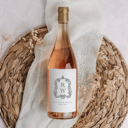  Monogram Crest Witte Houtskool Grijs Huwelijk Wijn Etiket