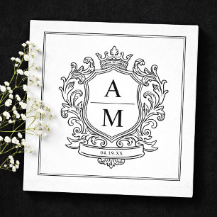 Monogram Crest Zwart en Wit Papier Huwelijk Servet