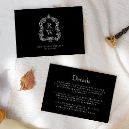 Monogram Crest Zwart en Wit Trouwdetails Informatiekaartje