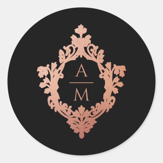 Monogram Crest Zwart Roze Rose Goud bruiloft Ronde Sticker (Voorkant)