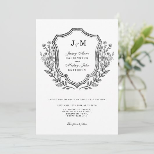 Monogram Crest Zwart Wit Huwelijksuitnodiging Kaart (Staand voorkant)