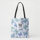 Monogram Custom Blauwe Botanische Vlinders Tote Bag (Voorkant)