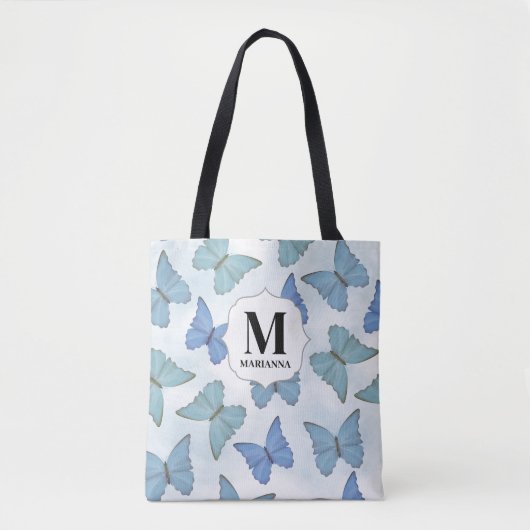 Monogram Custom Blauwe Botanische Vlinders Tote Bag (Voorkant)