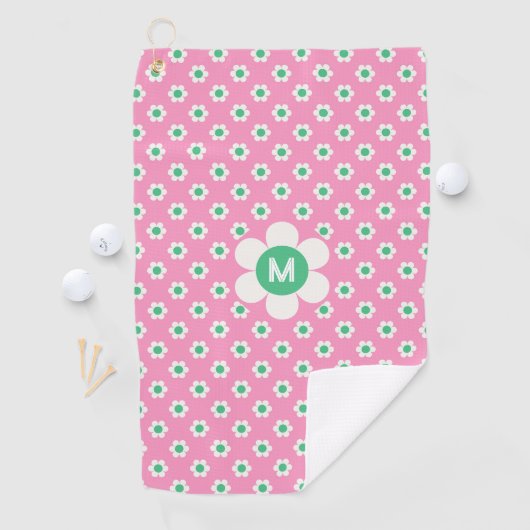 Monogram Custom Retro Daisies Pink en Green Golf Golfhanddoek (Insitu)