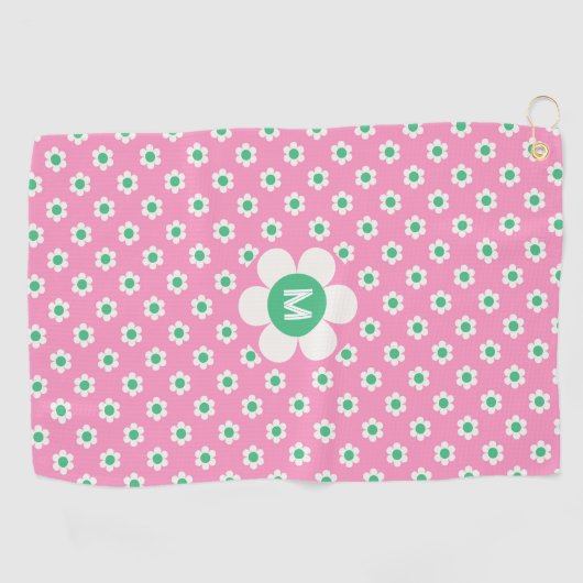 Monogram Custom Retro Daisies Pink en Green Golf Golfhanddoek (Horizontaal)