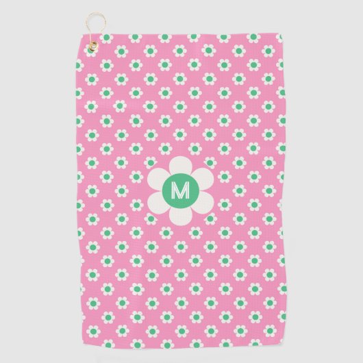 Monogram Custom Retro Daisies Pink en Green Golf Golfhanddoek (Voorkant)