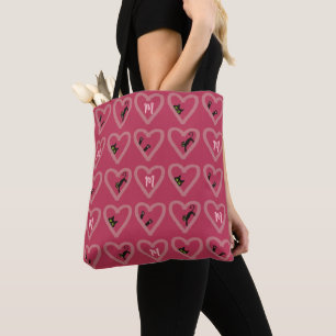 Monogram Cute Black Cat Hearts Valentijnsdag Tote Bag