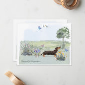Monogram cute Black Dachshund Dog Butterfly  Notitiekaartje (Voorkant / Achterkant in situ)