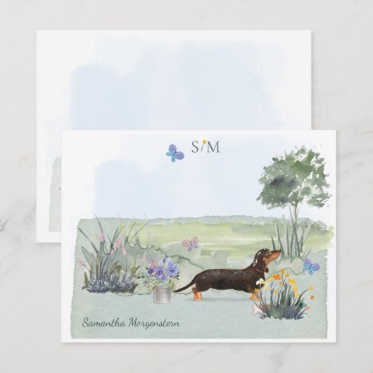 Monogram cute Black Dachshund Dog Butterfly  Notitiekaartje (Voorkant / Achterkant)