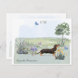 Monogram cute Black Dachshund Dog Butterfly  Notitiekaartje
