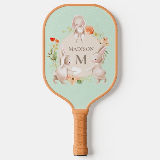 Monogram Cute Bunny Rabbits Floral Pickleball Paddle (Voorkant)