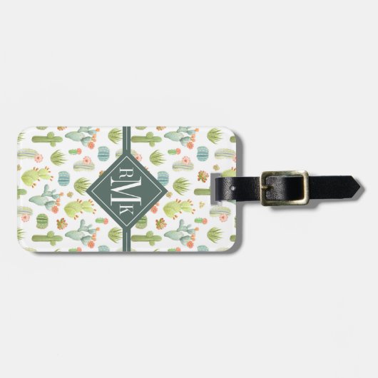 Monogram | Cute Cactus Standing Pattern Bagagelabel (Voorkant horizontaal)