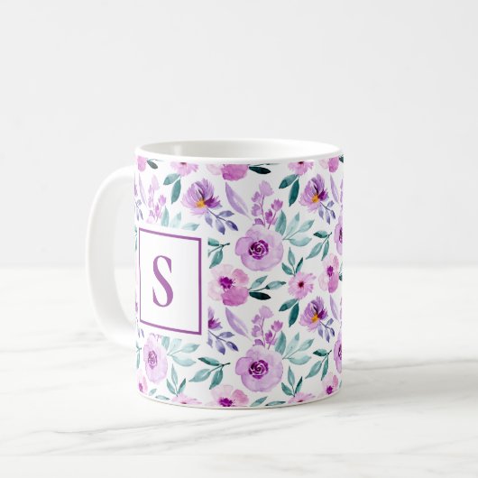 Monogram Cute Girly Paars Floral Flowers Koffiemok (Voorkant links)