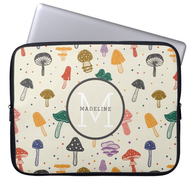 Monogram Cute Mushroom Pattern Modern Trendy Style Laptop Sleeve (Voorkant)