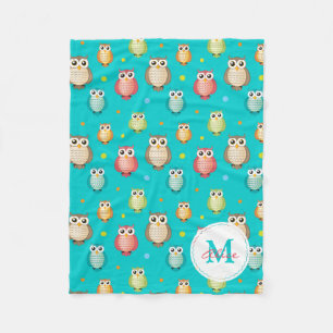 Monogram Cute Owls Pattern Blanket Fleece Deken