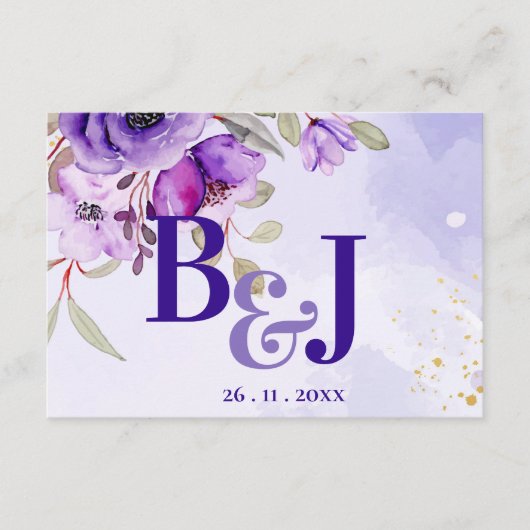  Monogram Cute Paars Blue Floral Wedding Informatiekaartje (Voorkant)