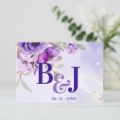  Monogram Cute Paars Blue Floral Wedding Informatiekaartje (Staand voorkant)