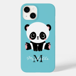 Monogram Cute Panda Aangepast gebubbel Blauw Case-Mate iPhone 14 Hoesje
