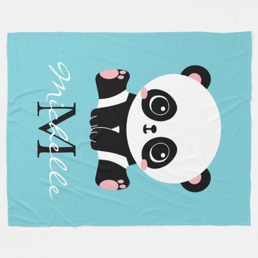Monogram Cute Panda Aangepast gebubbel Blauw Fleece Deken (Voorkant (Horizontaal))