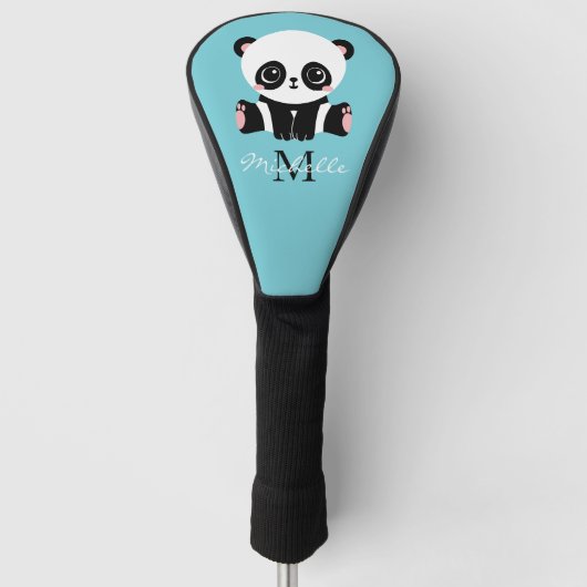 Monogram Cute Panda Aangepast gebubbel Blauw Golfheadcover (Voorkant)