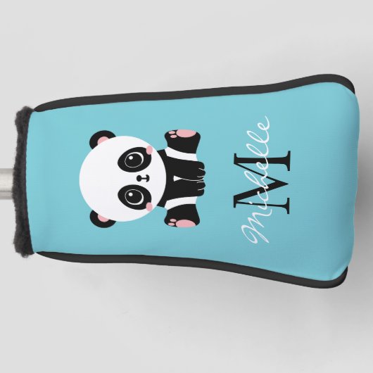 Monogram Cute Panda Aangepast gebubbel Blauw Golfheadcover (Voorkant)