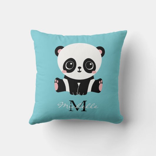 Monogram Cute Panda Aangepast gebubbel Blauw Kussen (Achterkant)
