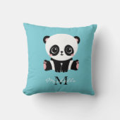 Monogram Cute Panda Aangepast gebubbel Blauw Kussen (Voorkant)