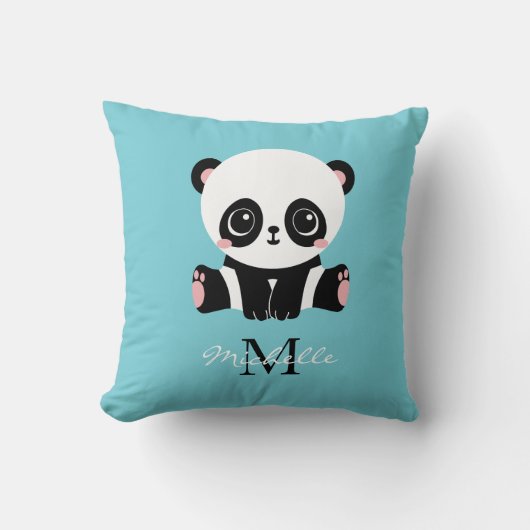 Monogram Cute Panda Aangepast gebubbel Blauw Kussen (Voorkant)