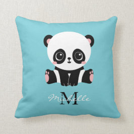 Monogram Cute Panda Aangepast gebubbel Blauw Kussen