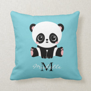 Monogram Cute Panda Aangepast gebubbel Blauw Kussen