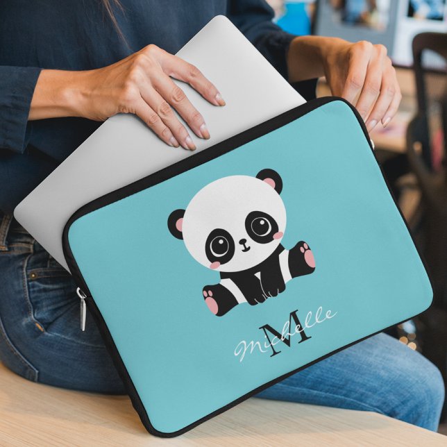 Monogram Cute Panda Aangepast gebubbel Blauw Laptop Sleeve (Creator heeft geüpload)
