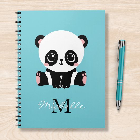 Monogram Cute Panda Aangepast gebubbel Blauw Notitieboek