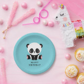 Monogram Cute Panda Aangepast gebubbel Blauw Papieren Bordje (Feest)