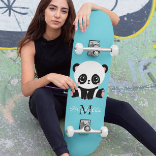 Monogram Cute Panda Aangepast gebubbel Blauw Persoonlijk Skateboard