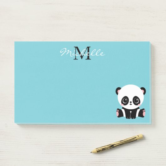 Monogram Cute Panda Aangepast gebubbel Blauw Post-it® Notes (Op bureau)