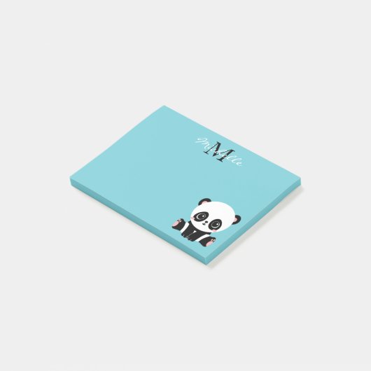 Monogram Cute Panda Aangepast gebubbel Blauw Post-it® Notes (Schuin)