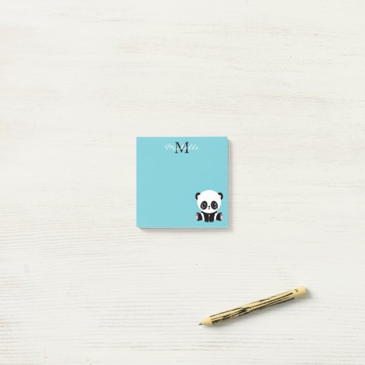 Monogram Cute Panda Aangepast gebubbel Blauw Post-it® Notes (Op bureau)