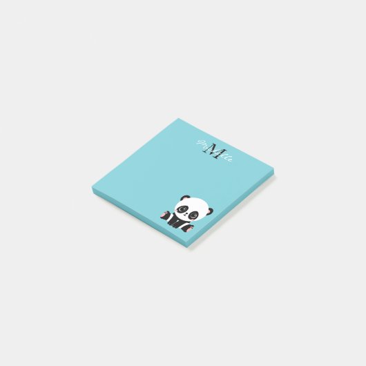 Monogram Cute Panda Aangepast gebubbel Blauw Post-it® Notes (Schuin)