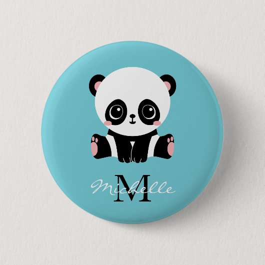 Monogram Cute Panda Aangepast gebubbel Blauw Ronde Button 5,7 Cm (Voorkant)