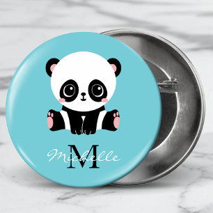 Monogram Cute Panda Aangepast gebubbel Blauw Ronde Button 5,7 Cm