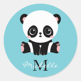 Monogram Cute Panda Aangepast gebubbel Blauw Ronde Sticker