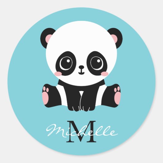 Monogram Cute Panda Aangepast gebubbel Blauw Ronde Sticker (Voorkant)