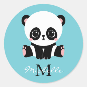Monogram Cute Panda Aangepast gebubbel Blauw Ronde Sticker