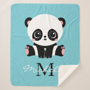 Monogram Cute Panda Aangepast gebubbel Blauw Sherpa Deken