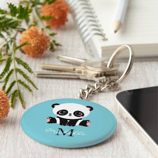 Monogram Cute Panda Aangepast gebubbel Blauw Sleutelhanger (Zijkant)